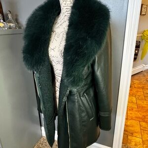 Green Leather Jacket with Plush Fur Collar
